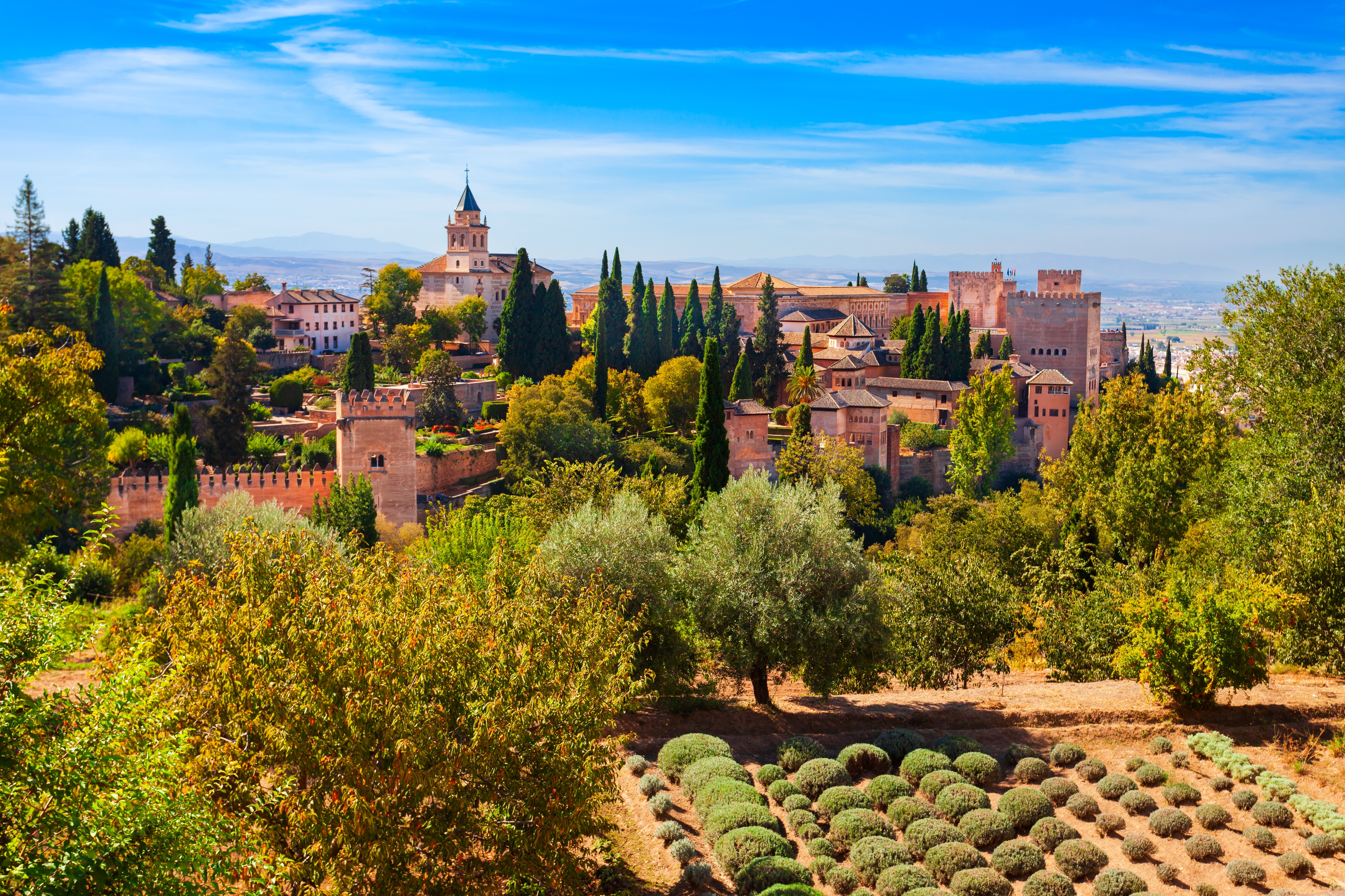 Panoramaudsigt over Alhambra-fæstningen med frodige haver og cyprestræer i Granada, Andalusien, Spanien