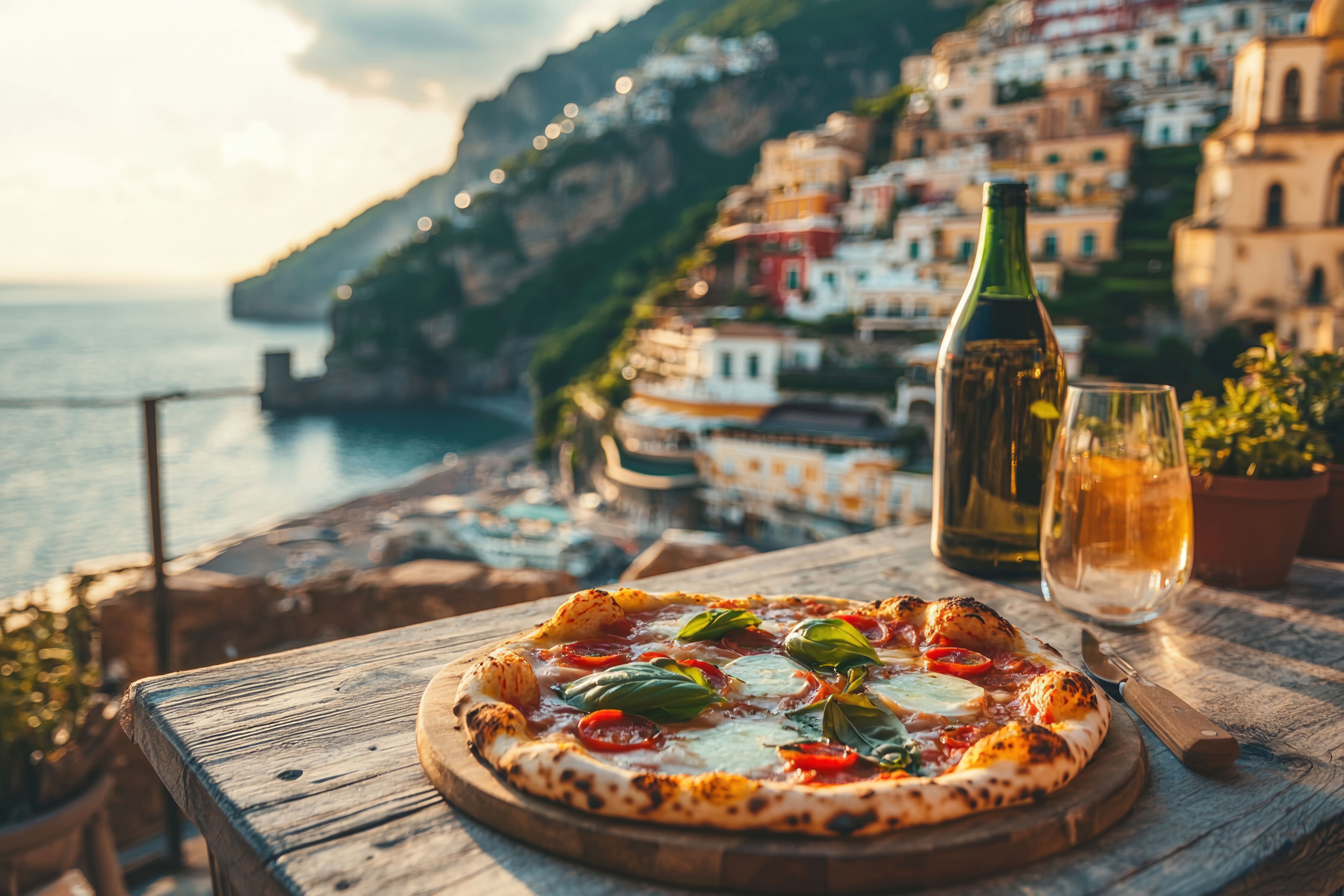 Italiensk pizza med mozzarella og basilikum på træbord med udsigt over Amalfikysten ved solnedgang