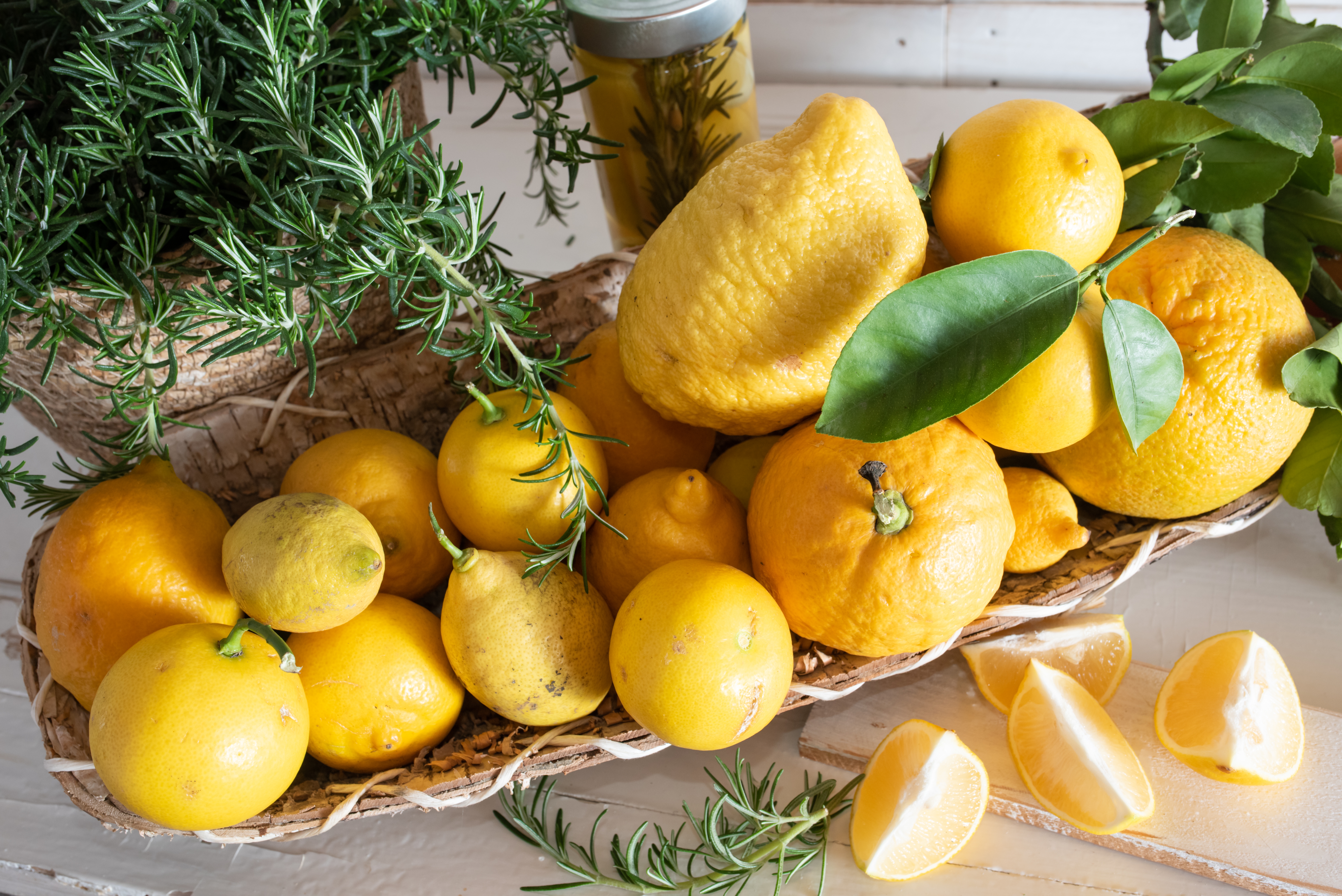 Friske gule citroner og rosmarin i en kurv på hvidt træbord - symboliserer Amalfikystens berømte citrusfrugter og det lokale italienske køkken