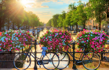 Amsterdam kanal med farverige blomsterkurve og cykler på bro ved solnedgang
