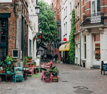 Hyggelig brostensbelagt gade med farverig blomsterbutik i Antwerpens historiske centrum, omgivet af traditionel flamsk arkitektur og charmerende bygningsfacader