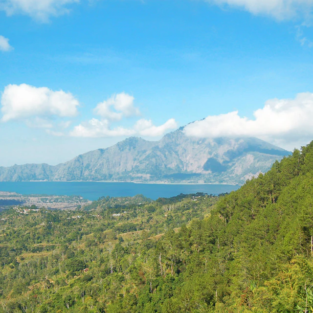 Betagende udsigt over Lake Buyan omgivet af frodige grønne bakker og bjerge på Bali i Indonesien under klar blå himmel