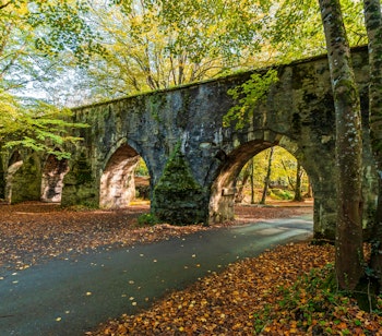 Idyllisk efterårsudsigt over den historiske Ayvat Bendi dæmning i Belgrad-skoven i Istanbul, hvor det klare vandreservoir omgivet af farverige efterårsblade skaber en fredfyldt naturoplevelse