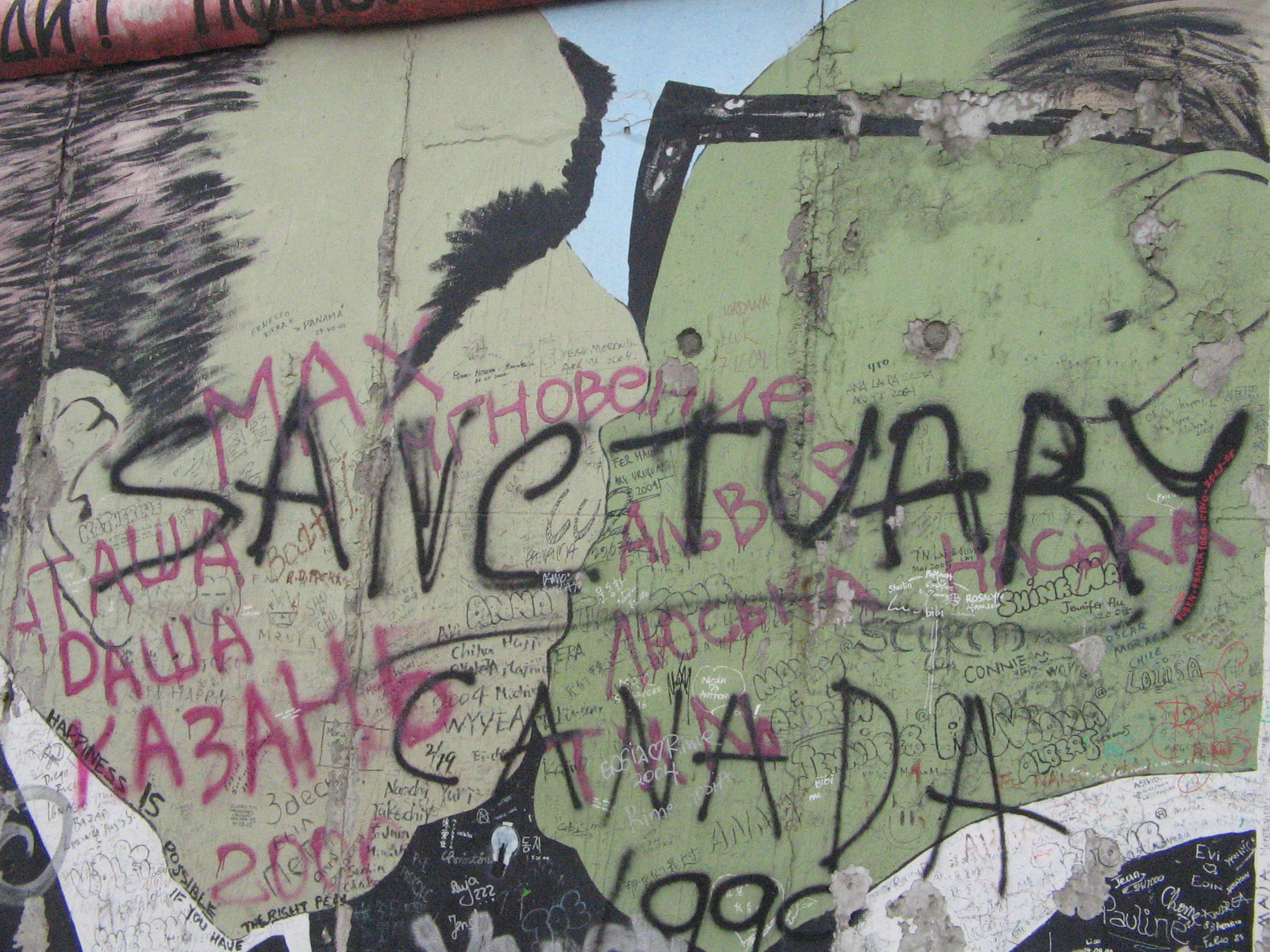 Historisk fragment af Berlinmuren med "Sanctuary" graffiti, der symboliserer frihed og genforening efter Tysklands deling