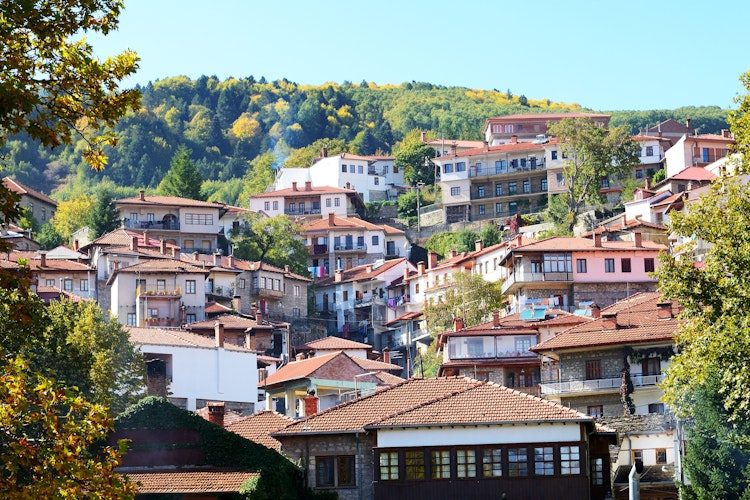 Charmerende stenhuse med terrakottatage i bjerglandsbyen Metsovo i Grækenland omgivet af frodige grønne skove