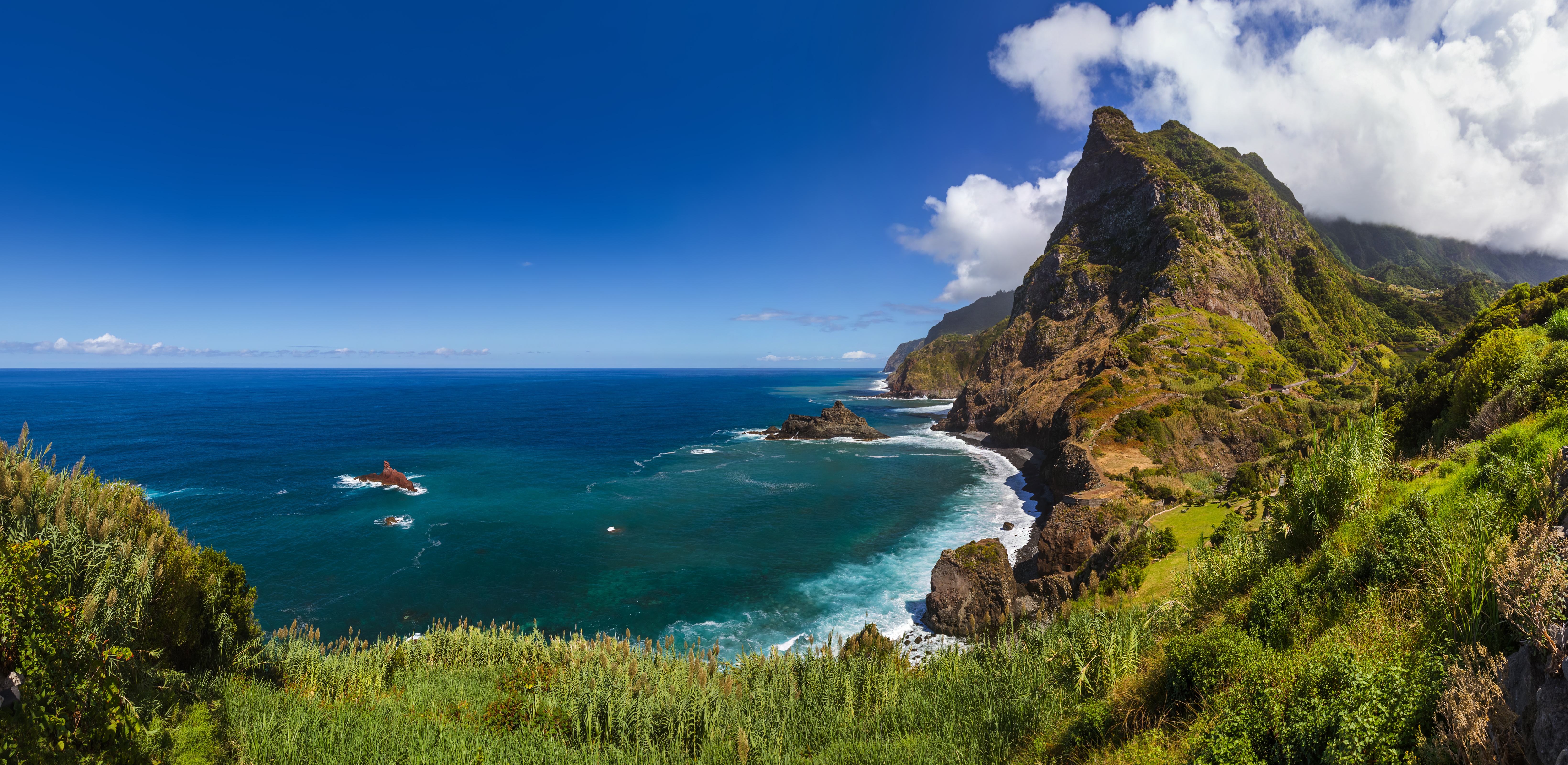 Dramatisk kystlinje med grønne klipper og turkisblåt hav nær Boaventura på Madeira, Portugal