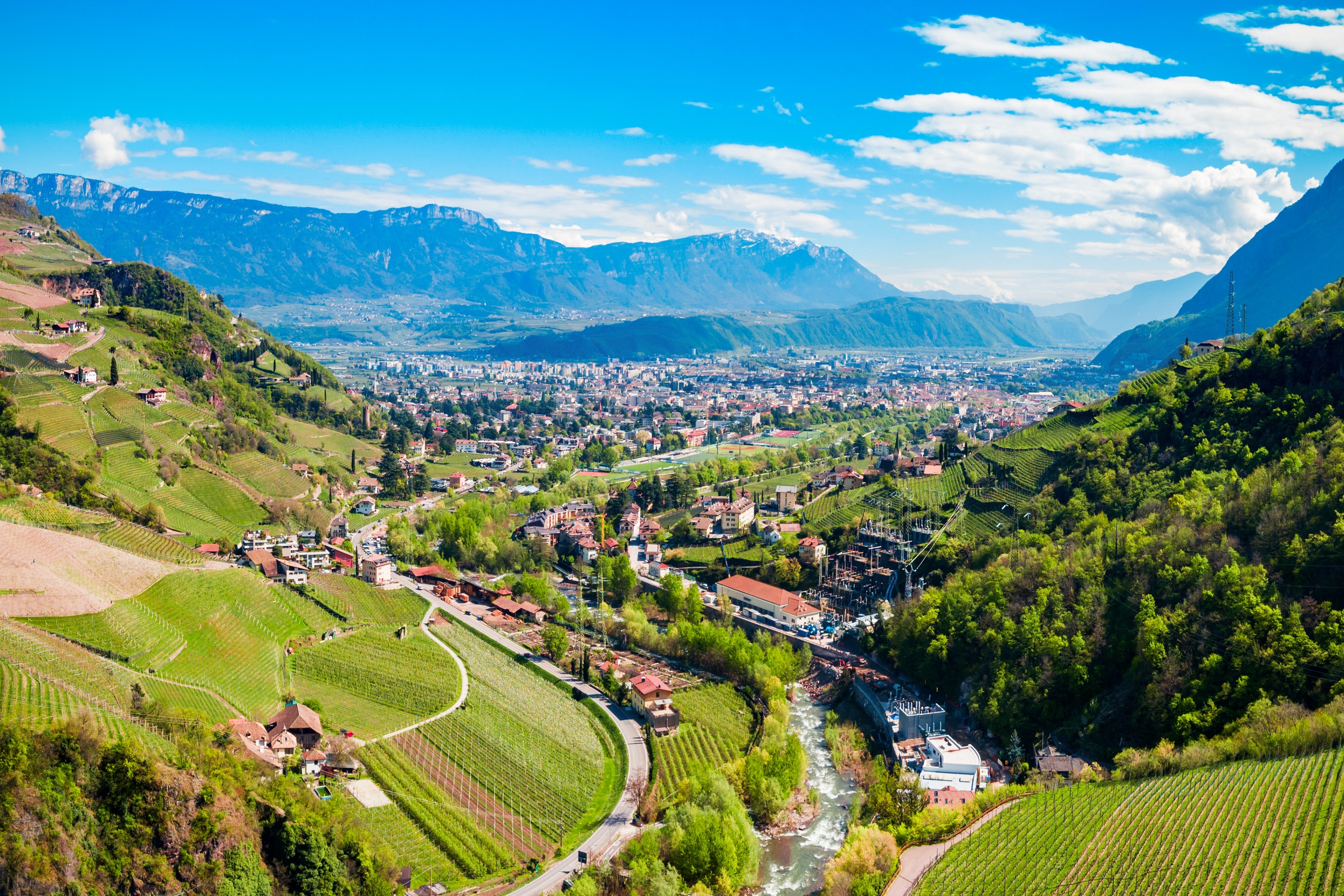 Luftfoto over Bolzano med grønne vingårde, Adige-floden og de majestetiske Dolomitter i baggrunden i Sydtyrol, Norditalien
