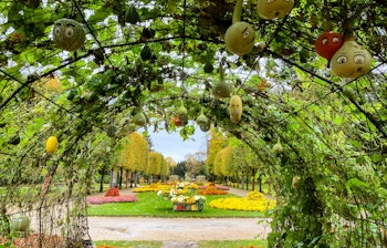 Smuk grøn løvgang med dekorative kugler i Jardin des Plantes botanisk have i Rouen, Normandiet