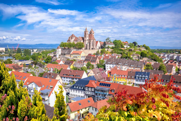 Historisk udsigt over Breisach med den imponerende katedral og middelalderlige hustage i Baden-Württemberg, Tyskland