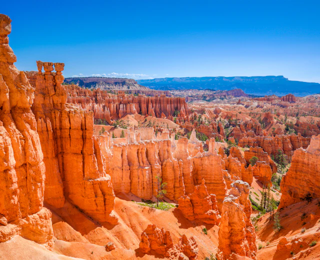 Spektakulær udsigt over de ikoniske orange og røde hoodoo-klippeformationer i Bryce Canyon National Park med dramatiske geologiske spir formet af erosion i Utah, USA