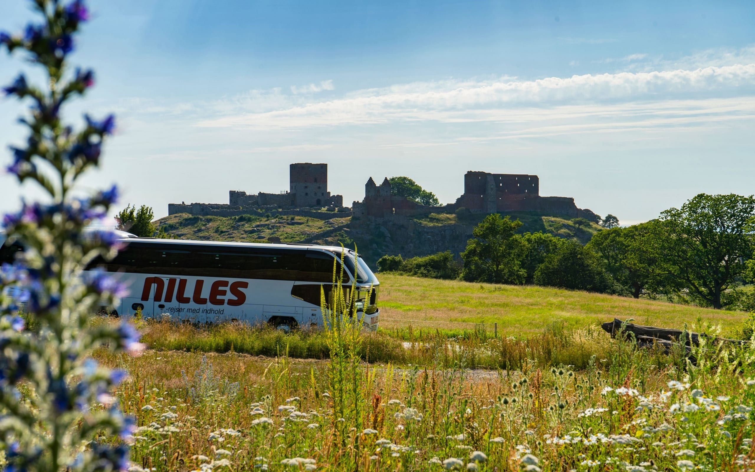 En NillesGislev bus der holder foran Hammershus, Bornholm