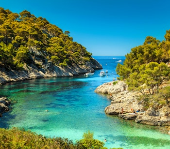 Betagende udsigt over den turkisblå Port Pin bugt med dramatiske kalkstensklipper og pinjeskov i Calanques Nationalpark nær fiskerlandsbyen Cassis i Provence, Sydfrankrig