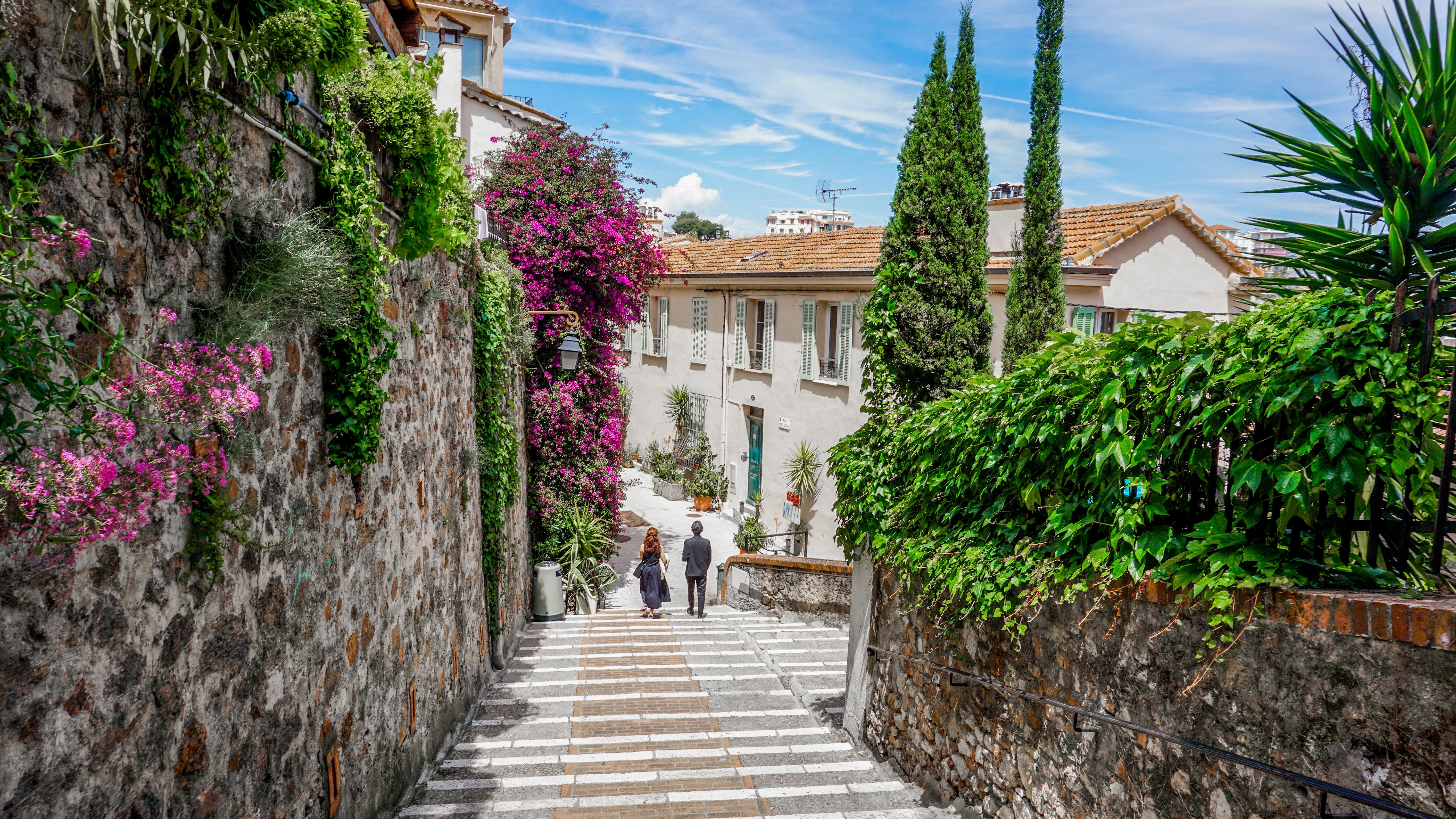 Smuk brolagt trappe i Cannes gamle bydel Le Suquet med farverige bougainvillea blomster og grønne planter langs stenmurede vægge