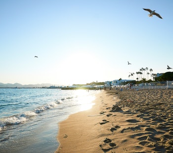 Idyllisk sandstrand med det azurblå Middelhav og klar blå himmel på en solrig sommerdag i Cannes på den franske riviera