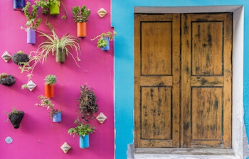 Idyllisk brostensbelagt gade i Funchals historiske gamle bydel på Madeira med traditionel arkitektur og autentisk stemning