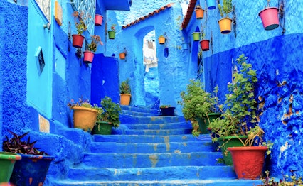 Chefchaouens karakteristiske blåmalede huse og smalle gader i Marokkos berømte blå by, der viser traditionel nordafrikansk arkitektur