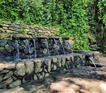 Naturlig stenfontæne ved Chorros de Epina med flere vandudløb omgivet af frodig grøn vegetation på La Gomera, De Kanariske Øer