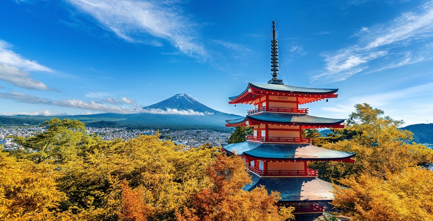 Ikonisk udsigt over Chureito-pagoden omgivet af flammende røde efterårsblade med det majestætiske Fuji-bjerg i baggrunden, Japan