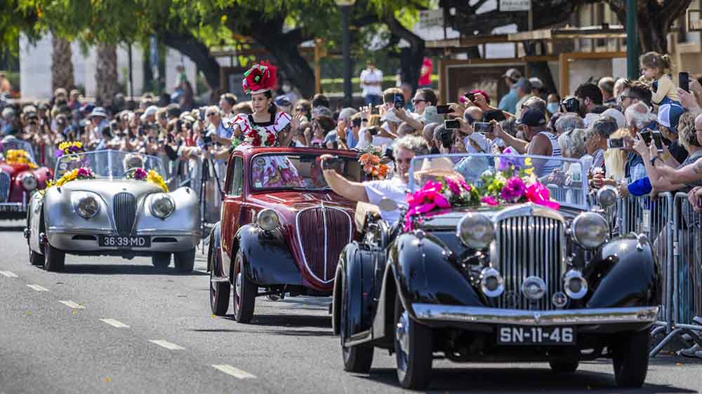 En stribe af gamle veteranbiler kører ned af gaden til bifald fra et jublende publikum