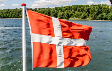 Dannebrog flag vajende på båd med smuk dansk kystlinje og skov i baggrunden