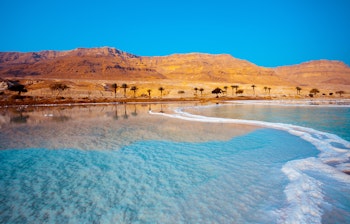 Spektakulær udsigt over Det Døde Havs turkisblå vand ved Ein Bokek med hvide saltkrystaller langs kysten, eksotiske palmer og de gyldne Judæiske Bjerge i baggrunden