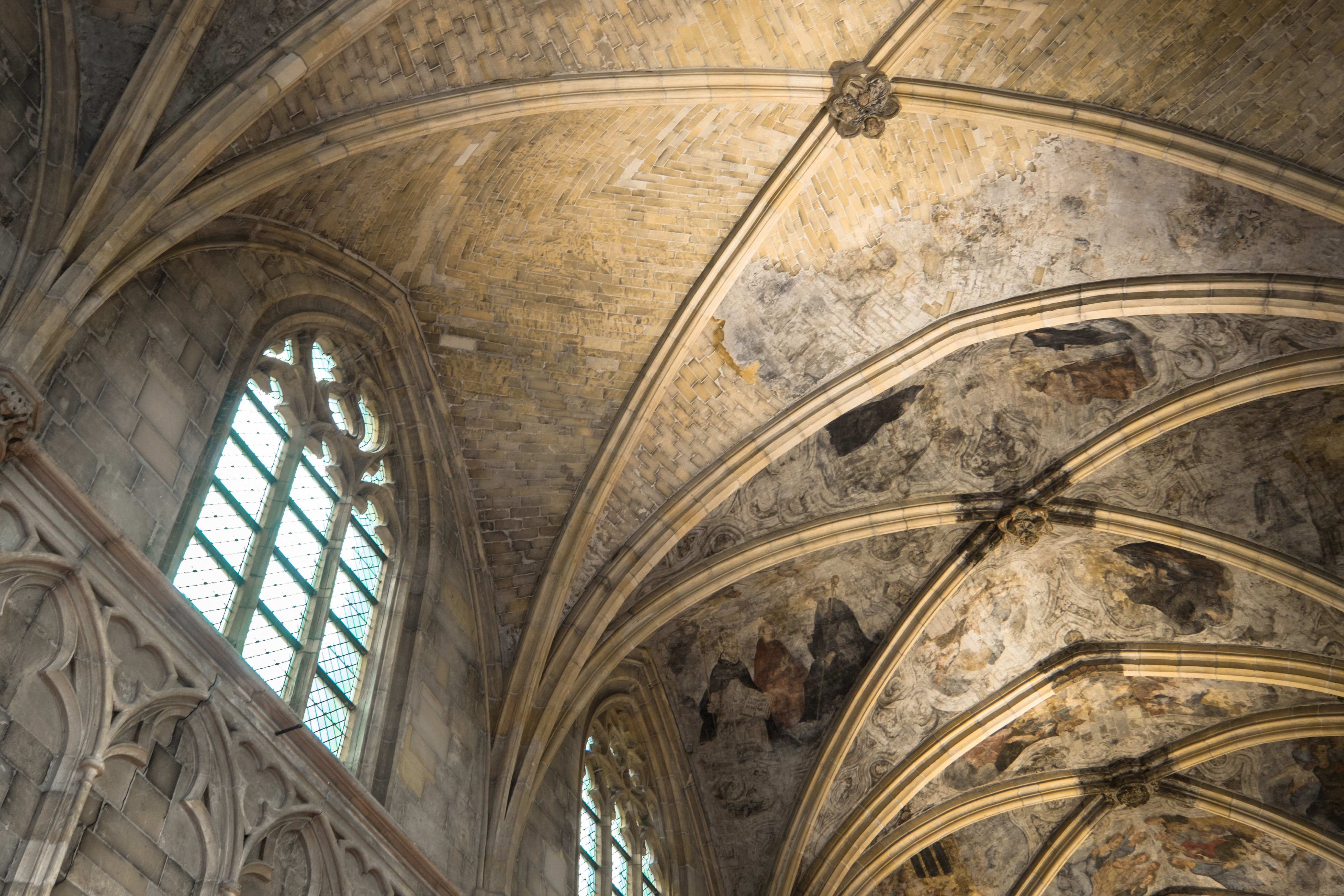 Gotisk hvælvet loft med middelalderlige fresker i den Dominikanske Kirke i Maastricht, Holland, med smukke ribbede stenbuer og blyindfattede vinduer
