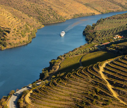Flodkrydstogt gennem Douro-dalens terrasserede vingårde i Portugal med gyldne efterårsfarver