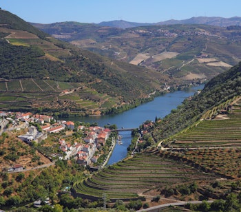 Panoramaudsigt over Douro-dalen med terrasserede vinmarker, den snoede Douro-flod og jernbanebroen ved Pinhão i Portugals berømte vindistrikt
