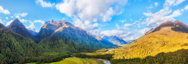 Luftpanorama over Eglinton Valley og floden i Fiordland National Park på New Zealands sydø med frodige grønne bjerge og snoet flod