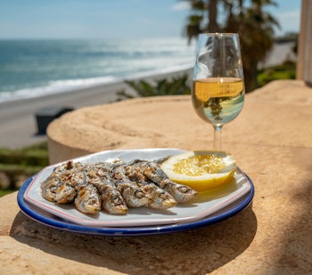 Traditionelle espeto-sardiner grillet på spyd over oliventræ i Malaga, Andalusien - autentisk spansk kystgastronomi med udsigt til Middelhavet