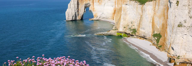 Smukke hvide kridtklipper ved Etretat med naturlig stenbue og lyserøde vilde blomster i Normandiet, Frankrig