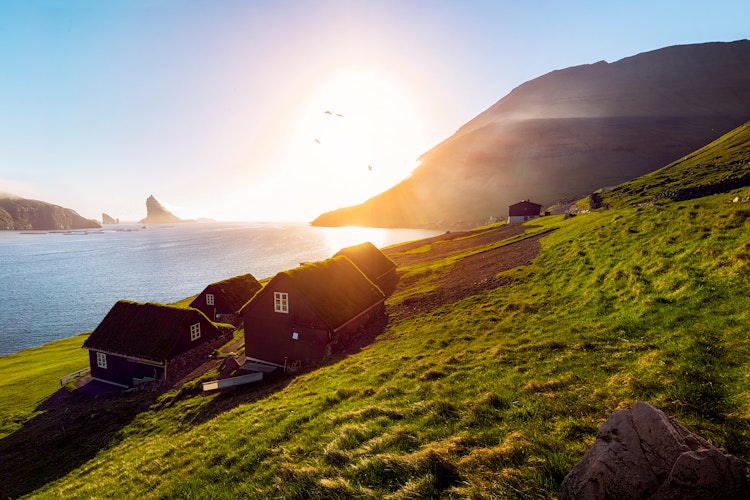 Idylliske færøske huse med grønne græstage ved solnedgang på Færøerne - en perfekt illustration af øernes unikke arkitektur og betagende natur