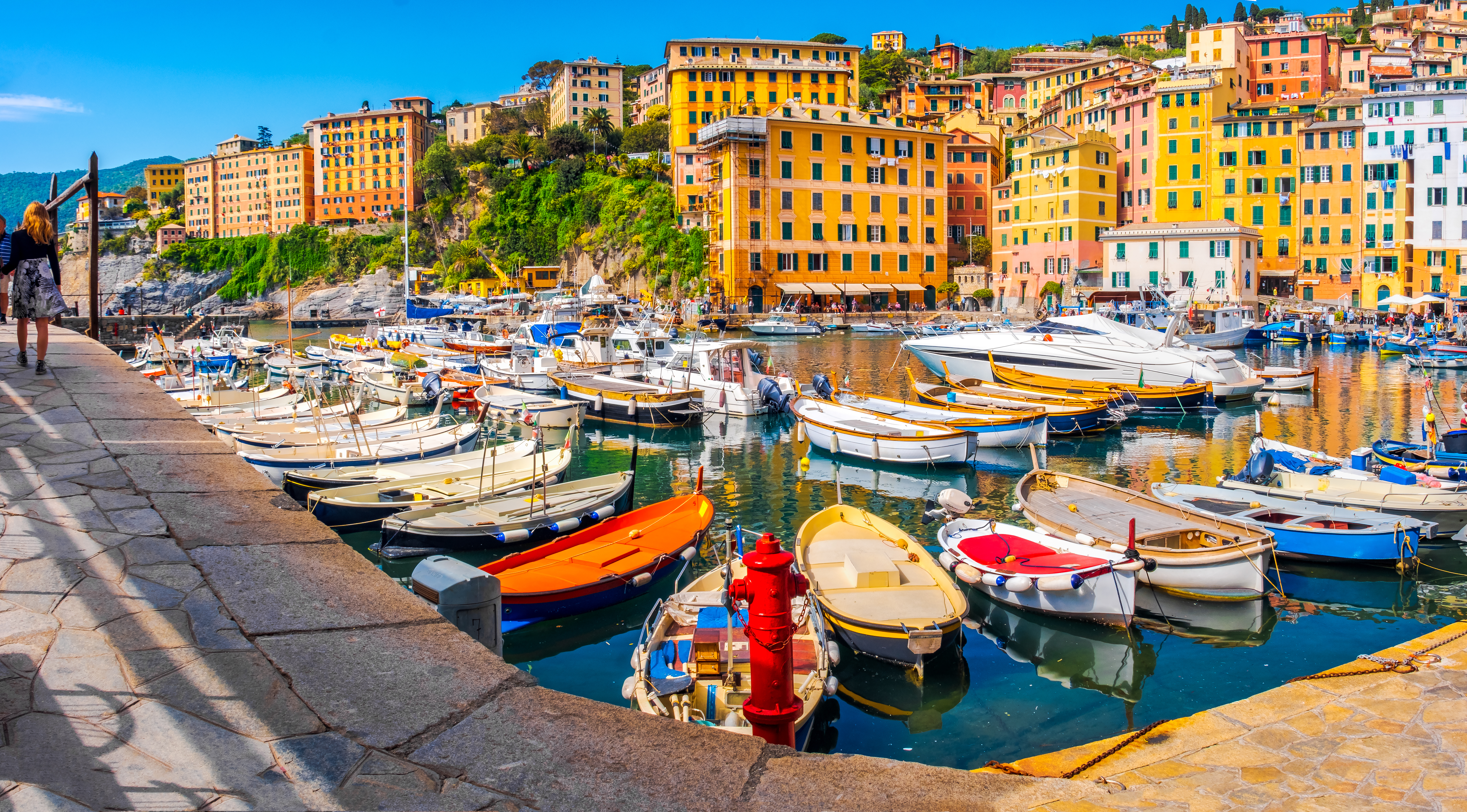 Farverige historiske bygninger i kystbyen Camogli ved den italienske riviera i Ligurien med charmerende marina og traditionel arkitektur