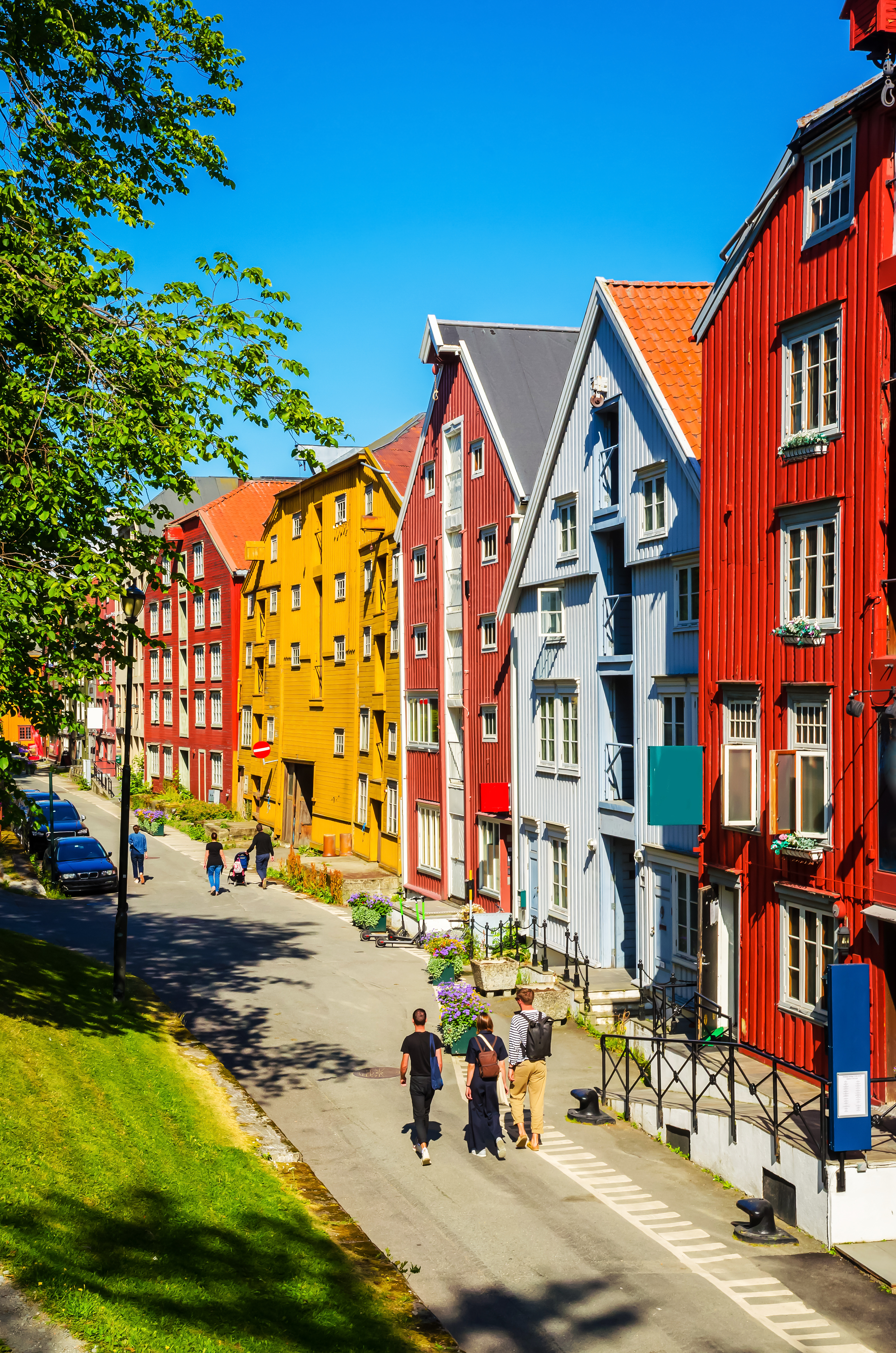 Farverige historiske bygninger langs en gade i Trondheim, Norge med traditionel skandinavisk arkitektur under klar blå himmel