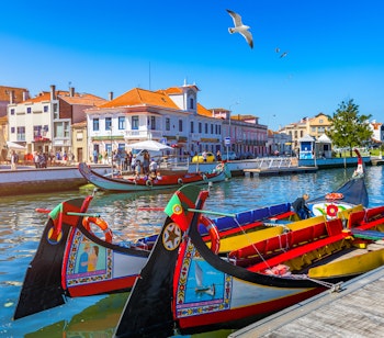 Traditionelle farverige Moliceiro-både sejler gennem de idylliske kanaler i Aveiro, kendt som Portugals Venedig, hvor turister kan nyde den charmerende by fra vandet