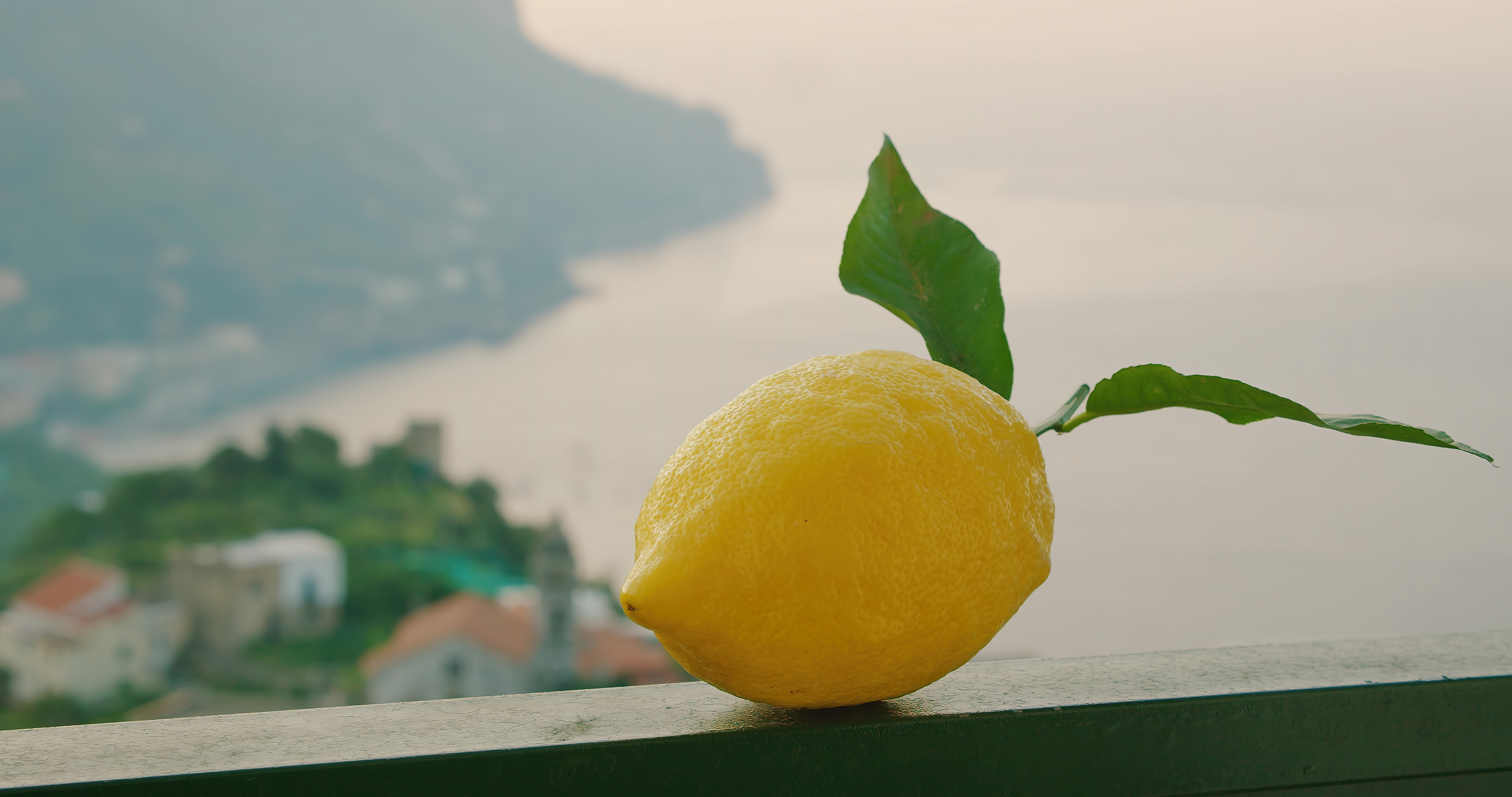 Frisk citron med grønt blad på balkonrækværk med udsigt over Amalfi-kysten og landsbyen Minori i Italien