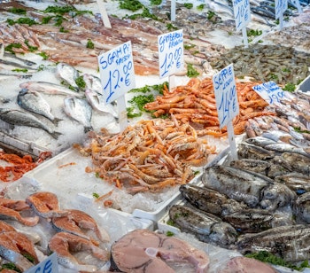 Frisk fisk og skaldyr til salg på det traditionelle Porta Nolana marked i Napoli med et stort udvalg af middelhavets delikatesser