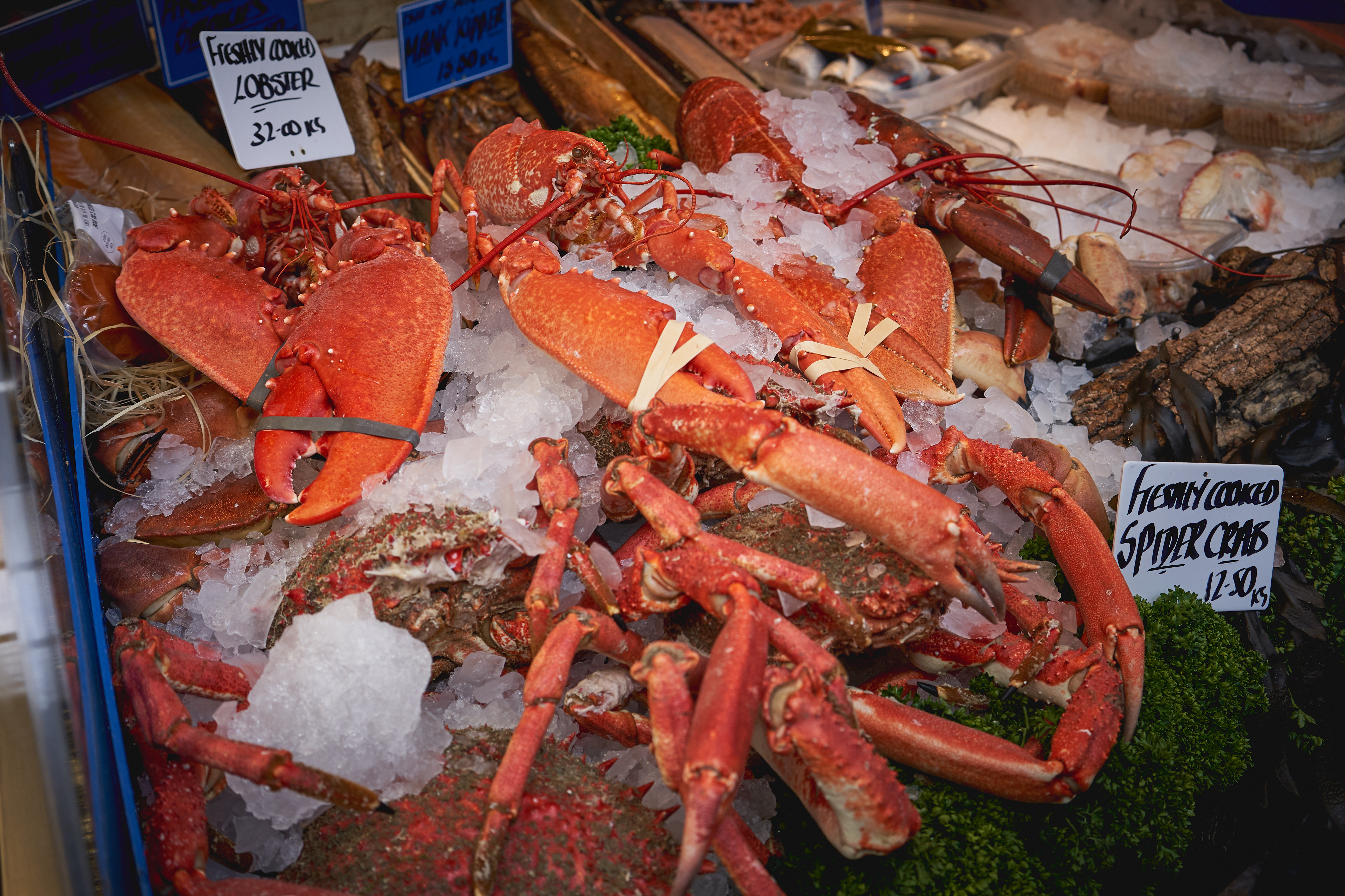 Friske hummere og krabber på is hos en traditionel fiskehandler på et lokalt marked i Cornwall, England