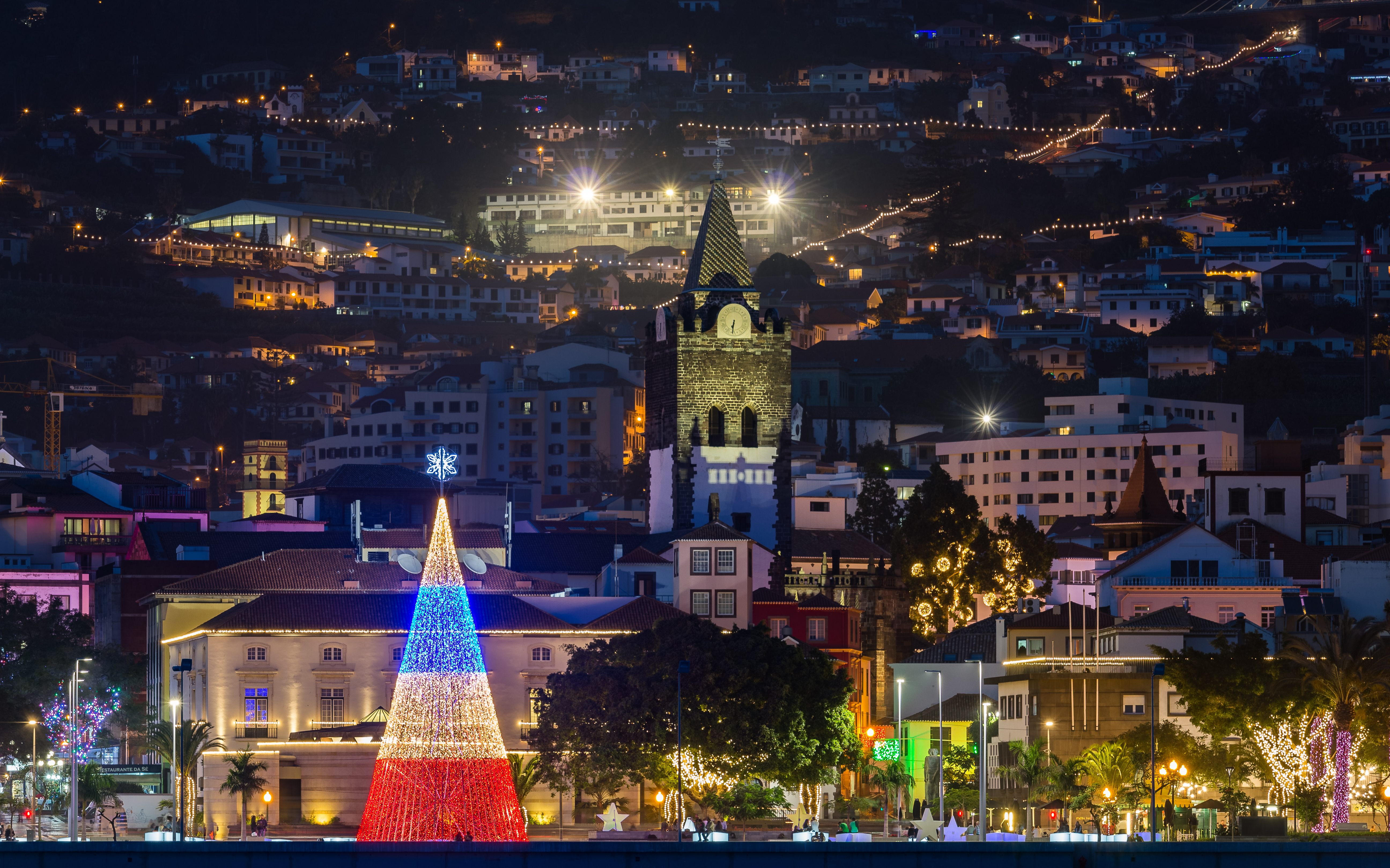 Funchal by på Madeira med smuk julbelysning og kirketårn om natten