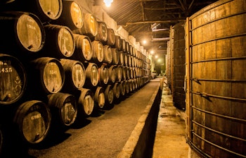 Traditionelle træfade med portvin der modnes i en historisk vinkælder i Porto, Portugal