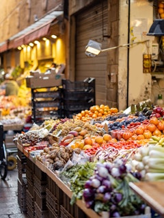 Farverig madgade i Bologna med markedsboder fyldt med friske italienske frugter og grøntsager til gastronomiske oplevelser