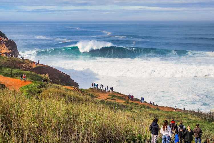 Gigantiske bølger ved Nazaré i Portugal med tilskuere på klipperne, kendt for ekstrem surfing ved Atlanterhavet