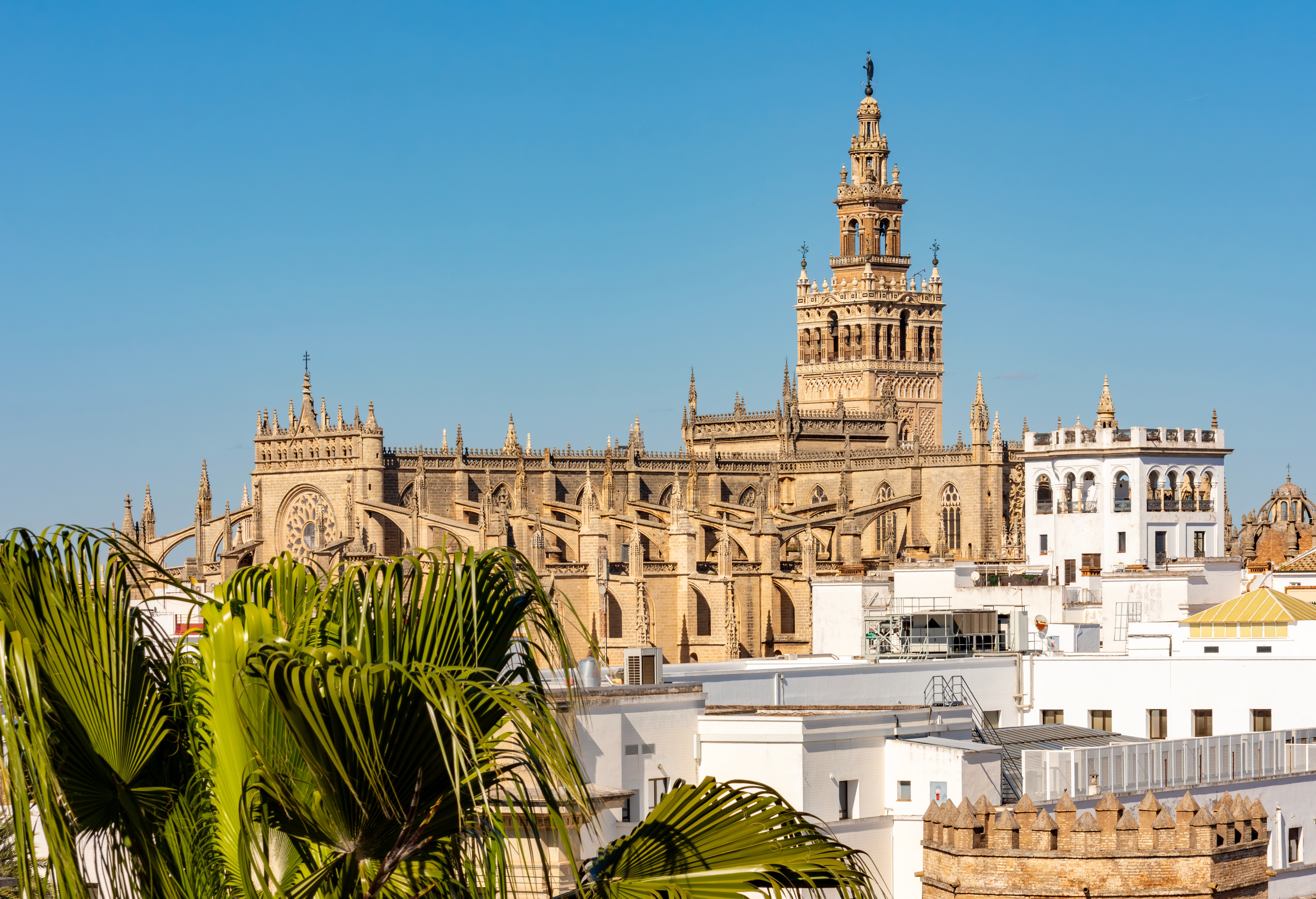 Det historiske Giralda-tårn og Sevilla-katedralen med gylden facade mod blå himmel, ikonisk vartegn i Andalusien, Spanien