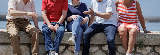 Gruppe af glade seniorer nyder sommerferie sammen ved marina