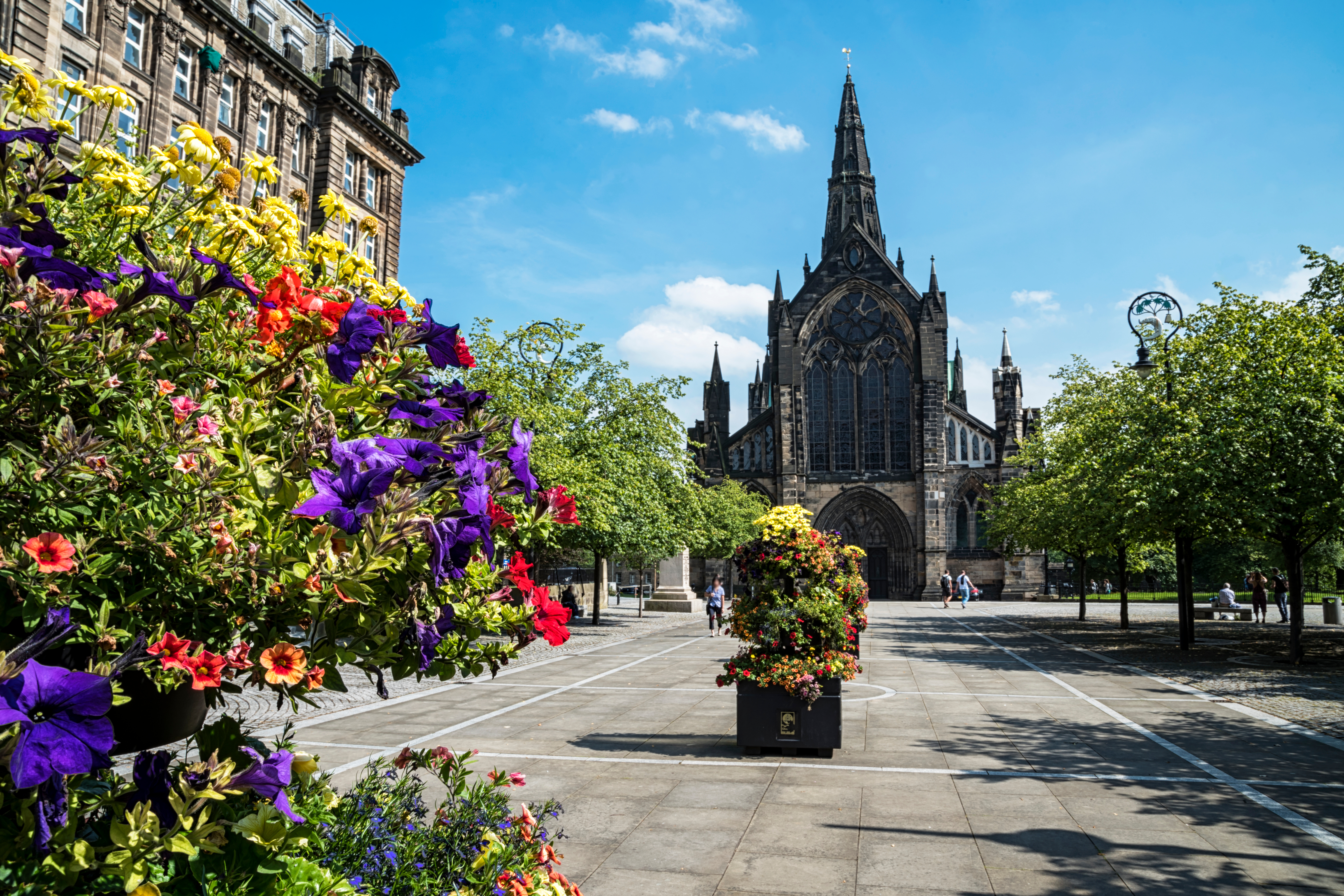 Glasgow Cathedral med farverige blomster i forgrunden på en solrig sommerdag i Skotland