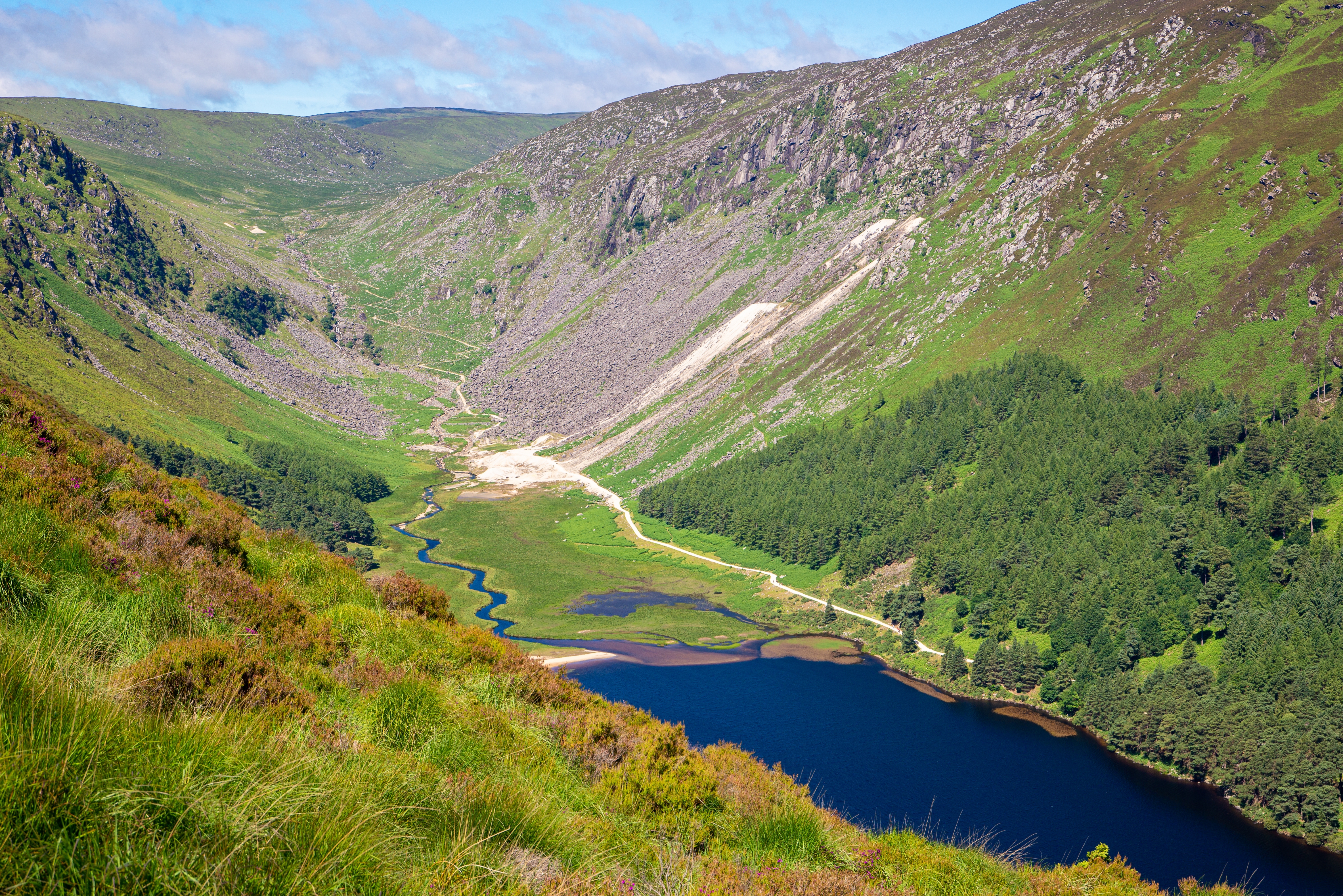 Panoramaudsigt over Upper Lake i Glendalough-dalen i Wicklow Mountains, Irland, med en snoet blå flod gennem grønne enge omgivet af nåleskove og klippeskråninger