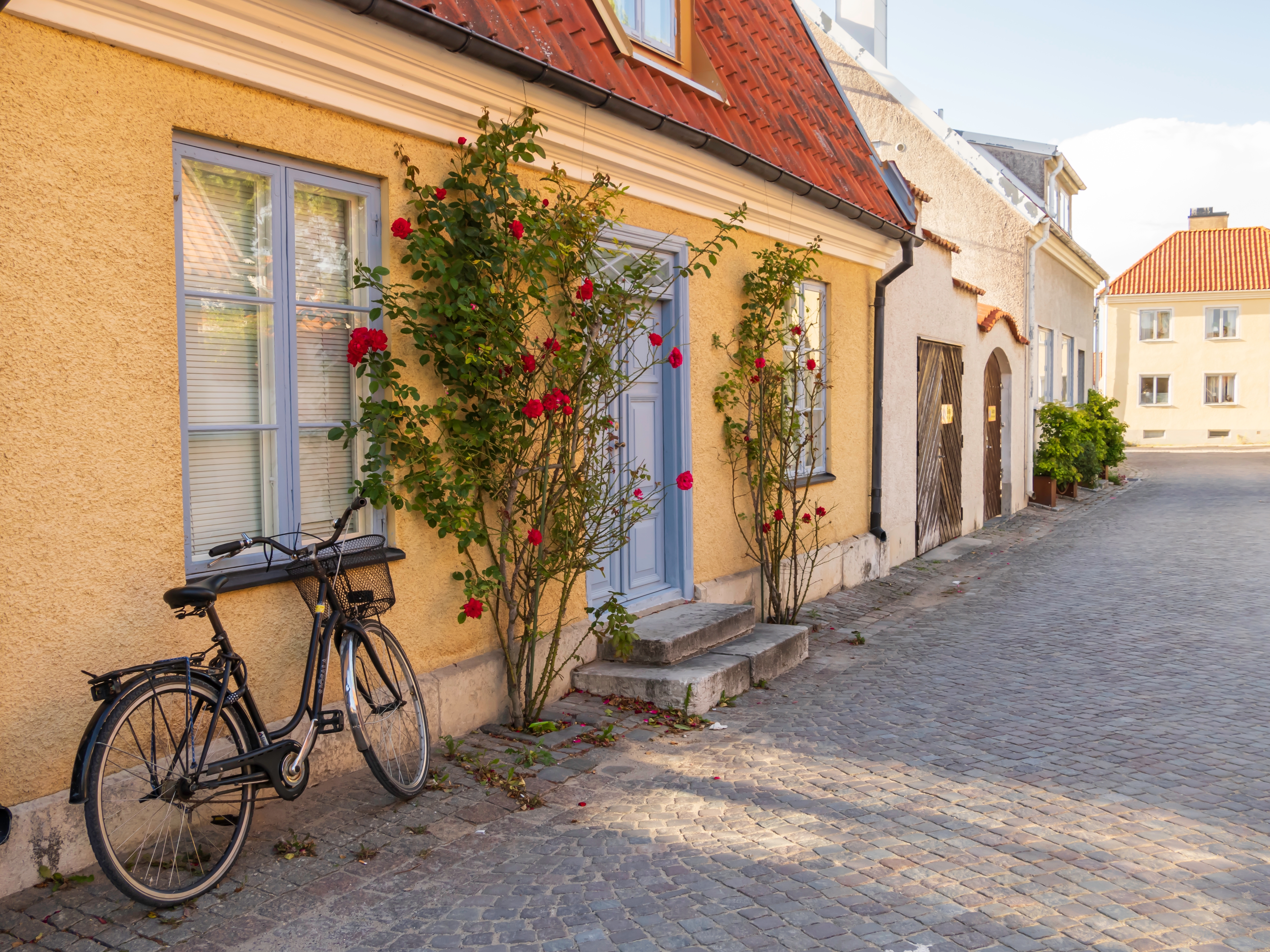 Historisk brostensgade med traditionelle gule huse og cykel i middelalderlige Gotland Sverige