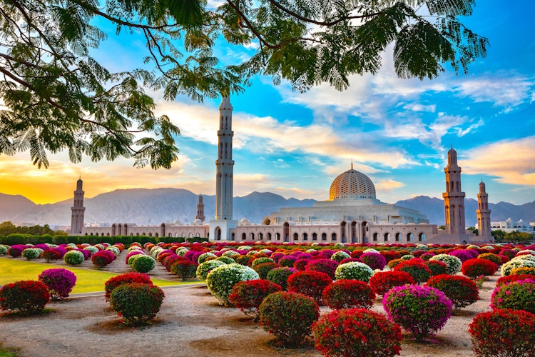 Betagende morgenvy af Grand Moskeen i Muscat, Omans mest ikoniske religiøse bygningsværk badet i solopgangens gyldne lys