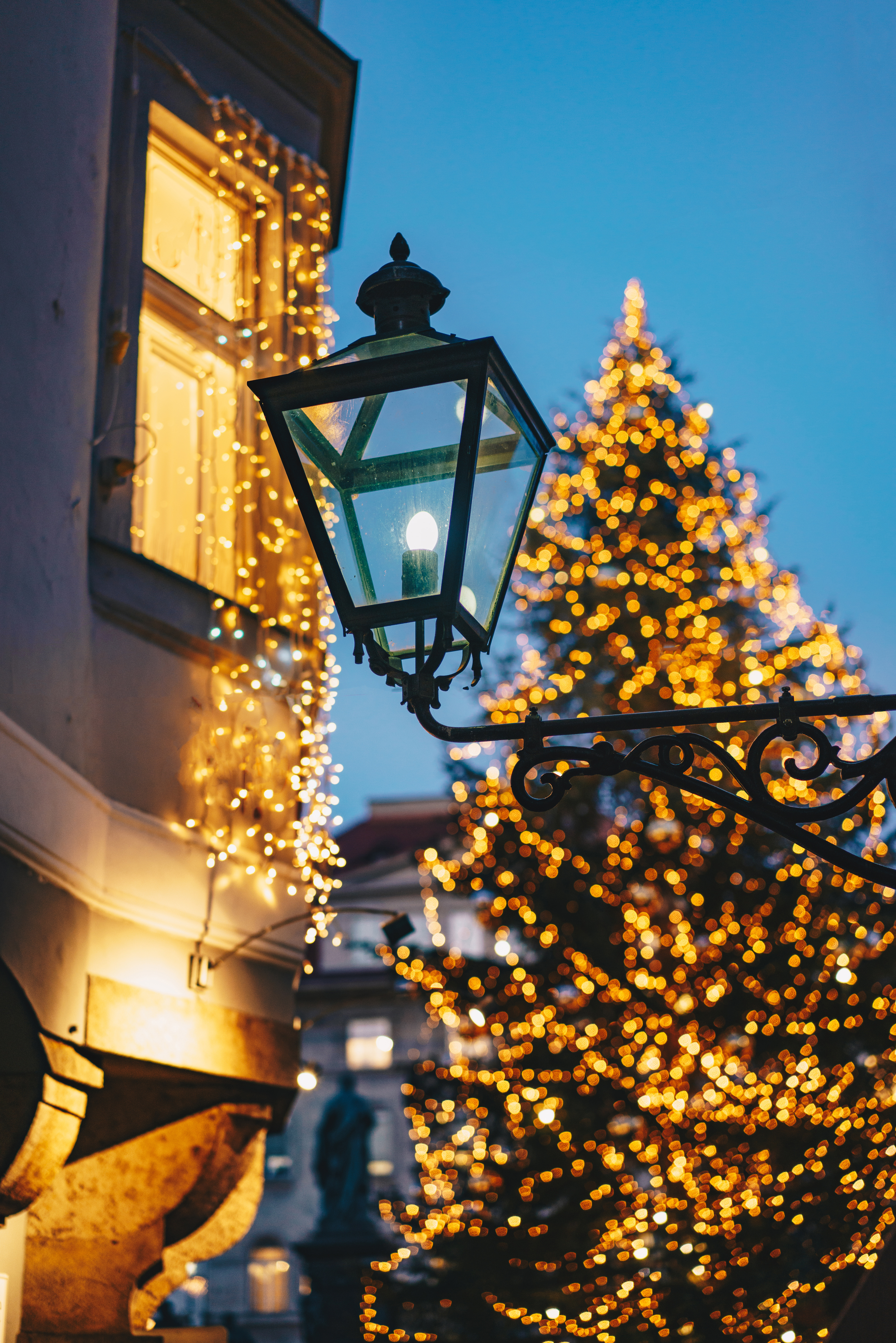 Smukt oplyst juletræ på det stemningsfulde julemarked i Graz, Østrig, med det historiske rådhus i baggrunden og markedsboder fyldt med julepynt - oplev ægte julestemning med Smil Rejsers julerejser