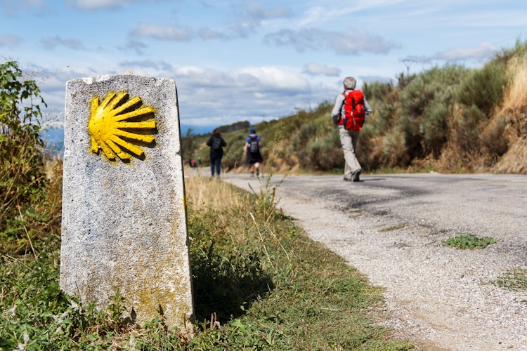 Gul muslingeskal der markerer pilgrimsruten Camino de Santiago mod Santiago de Compostela i Spanien